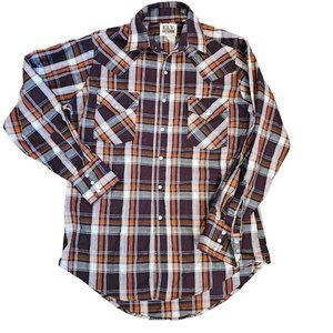 Mens Medium‎ Western Pearl Snap Button Down Shirt Longsleeve Orange Maroon Rodeo